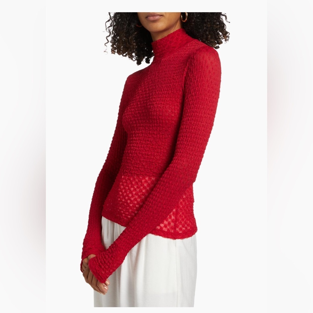 Frame Textured Mesh Mock-Turtleneck Top Cherry Red Women Size XL - Picture 3 of 13
